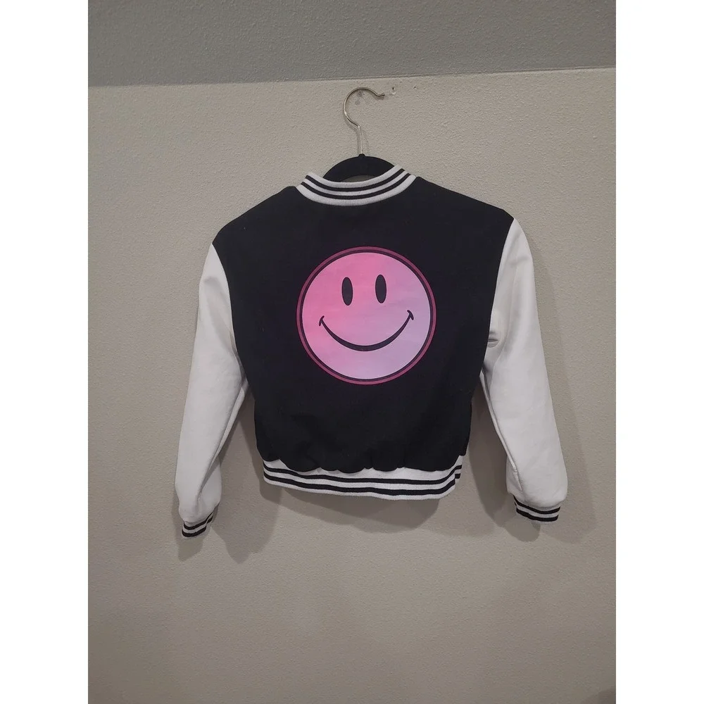 Justice Sport Girls SZ S (7/8) Varsity Style Jacket black white pink accent prep